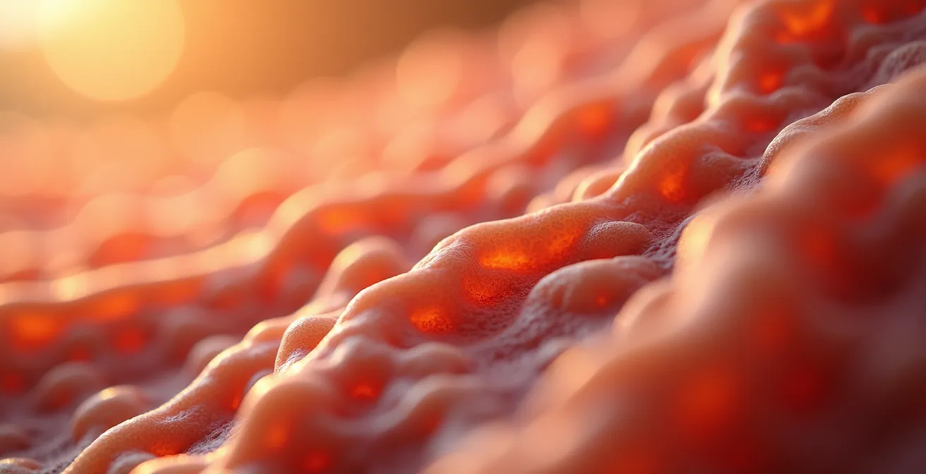 Dettaglio macro di tessuti organici intrecciati che simboleggiano la connessione tra intestino e pelle